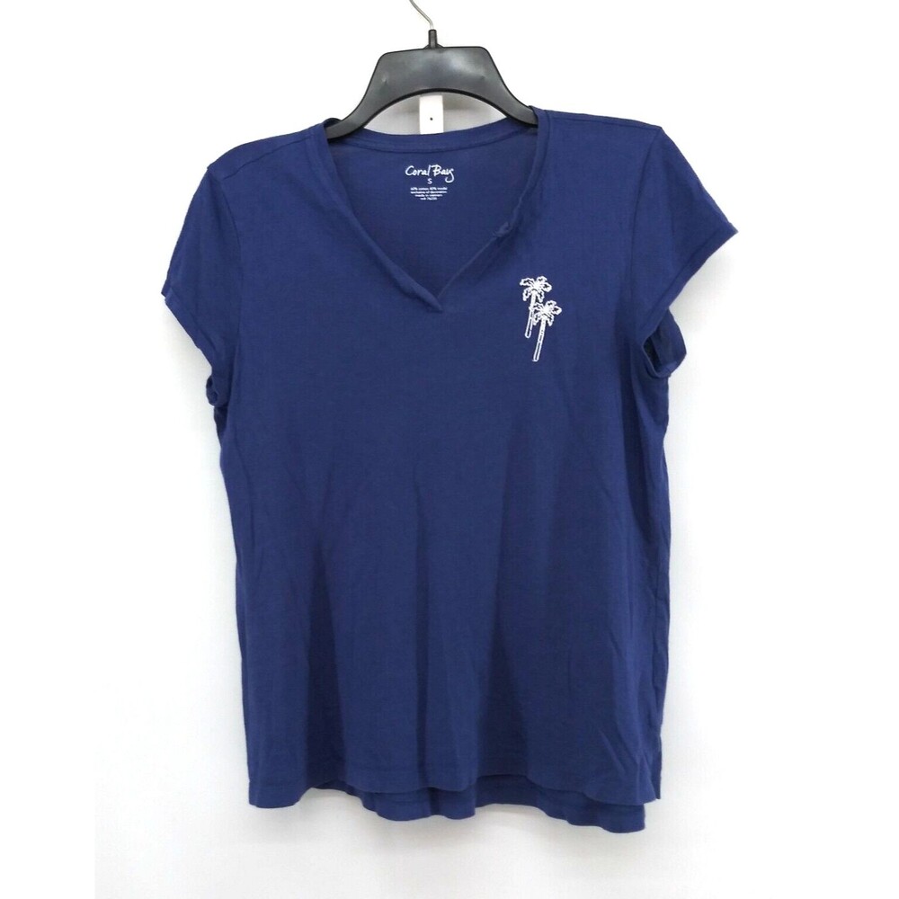 Coral Bay Shirt Womens Size S Blue Cap Sleeve Palm Tree Logo Print Pullover Top